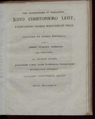 Viro Generosissimo et Perillustri, Justo Christophoro Leist, potentissimi Imperii Westphalici Regis ....