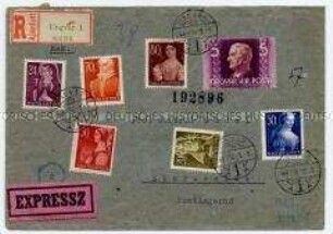 Briefumschlag mit Marken und Stempel aus Ungarn, rückseitig Zensurvermerk