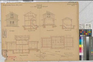 Entwurf zu einem Stationsgebäude für Haltepunkt Brackel, Blatt 2: Seitenansicht, Schnitte, Sparrenlage, M. 1:100 Hge, Sknr.: 5, Fanr.: 3, Bunr.: 2