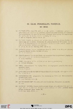 IV. Glas, Porzellan, Fayence (Nr. 201-320/60)