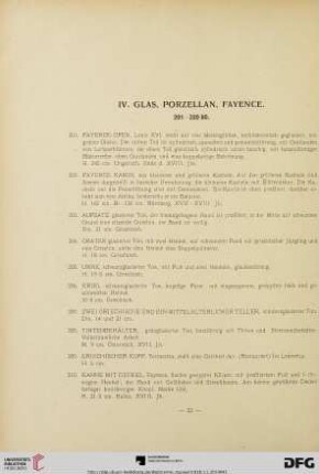 IV. Glas, Porzellan, Fayence (Nr. 201-320/60)