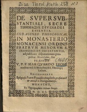 De Svpersvbstantiali, Secretissimaqve Divina Dei Essentia