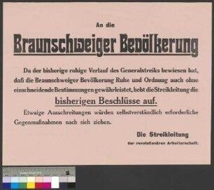Bekanntmachung zur Aufhebung der Beschlüsse während des Generalstreiks in Braunschweig im April 1919