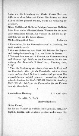 Kunsthalle zu Hamburg d. 7. April 1902 Herrn Dir. Dr. Pauli Hochwohlgeboren