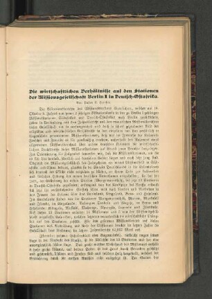 Die wirtschaftlichen Verhältnisse aus den Stationen der Missionsgesellschaftt Berlin I in Deutsch-Ostafrika.