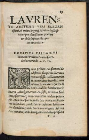 Laurentii Abstemii Viri Elegantißimi, et amoeni ingenii Fabulae elegantiß. nuper per clarißimum poetam et philosophum Gargetium emaculatae.