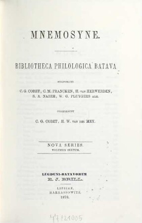 Mnemosyne : a journal of classical studies. 6. 1878