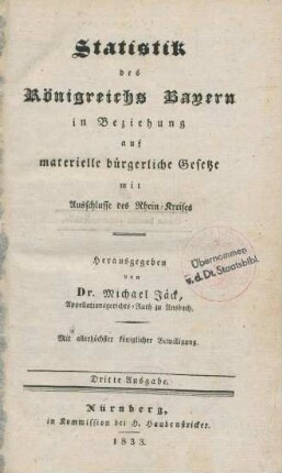 Statistik des Königreiches Bayern in Beziehung auf materielle bürgerliche Gesetze mit Ausschlusse des Rhein-Kreises