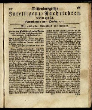 XXVII. Stück. Sonnabends: den 2. Octobr. 1773.