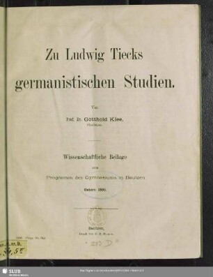 Zu Ludwig Tiecks germanistischen Studien
