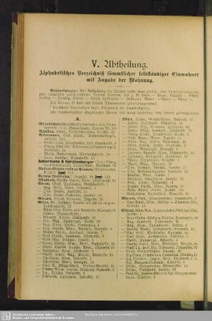 V. Abtheilung. Einwohnerverzeichnis : V. Abtheilung. Alphabetisches Verzeichniß sämmtlicher selbständiger Einwohner mit Angabe der Wohnung