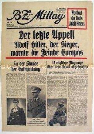 Fragment der Tageszeitung "Berliner illustrierte Nachtausgabe" mit dem Wortlaut der Reichstagsrede Hitlers zum Kriegsverlauf