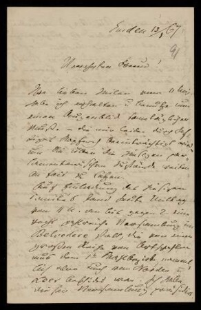 91: Brief von Ernst Heinrich Hantelmann an Gottlieb Planck, Emden, 13.1.1867