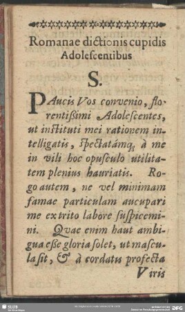 Romanae dictionis cupidis Adolescentibus