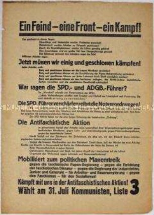 Flugblatt der Antifaschistischen Aktion mit einem Aufruf zur Reichstagswahl am 31.Juli 1932