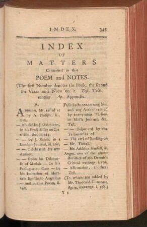 Index Of Matters Contained in this Poem and Notes