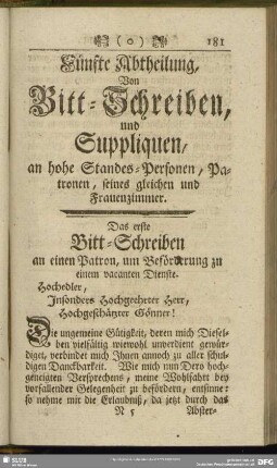 Fünfte Abtheilung, Von Bitt-Schreiben, Suppliquen, an hohe Standes-Personen, Patronen, seines gleichen und Frauenzimmer