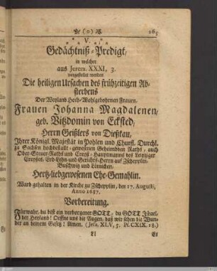 V. Gedächtnis-Predigt: Die heiligen Ursachen des frühzeitigen Absterbens
