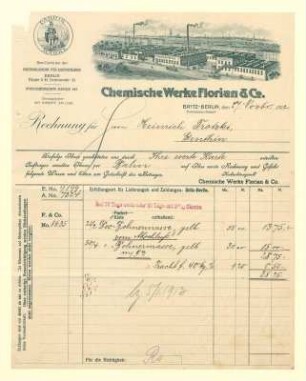 Rechnung der Firma Chemische Werke Florian & Co. an Heinrich Trotzki - Genthin