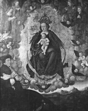 Halle (Saale), Marktkirche St. Marien, Altaraufsatz, Mittelbild der Feiertagsseite: Madonna auf der Mondsichel mit Kardinal Albrecht von Brandenburg als Stifter; Simon Franck