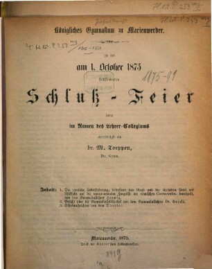 Zu der am ... stattfindenden Schluß-Feier ladet im Namen des Lehrer-Collegiums ehrerbietigst ein. 1874/75 (1875)
