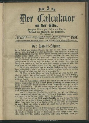 9.1881=Nr.429/480: Der Calculator an der Elbe : zwanglose Blätter zur Unterhaltung; Amtsblatt von Krähwinkel