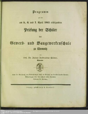 1841: Programm zu der am ... erfolgenden Prüfung der Schüler der Gewerb- und Baugewerkenschule zu Chemnitz