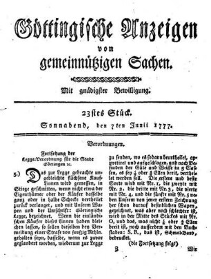 23stes Stück. Sonnabend, den 7ten Junii 1777.