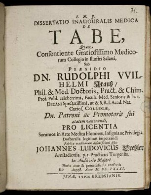 Dissertatio Inauguralis Medica De Tabe