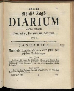 Reichs-Tags-Diarium auf die Monate Januarius, Februarius, Martius. 1781.