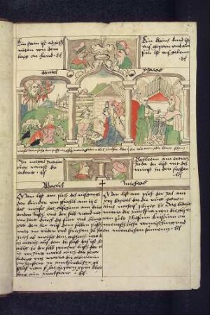 (1) Antitypus: Geburt Christi; Typen: (2) Moses am brennenden Dornbusch ; (3) Aaron vor einem Altar mit dem grünenden Stab; (4) Propheten-Brustbilder