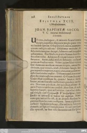 Epistola XCIX. Mediolanum. Ioan. Baptistae Sacco, V. C. Senatui Mediolanensi à Secretis.