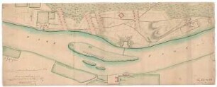 Dresden, Pillnitz, Schanze : Dresden, Pillnitz, Schanze am gegenüber liegenden Elbufer, unbekannter Zeichner, um 1725. Feder, Pinsel in Wasserfarbe/Papier. 30,5 x 77,8 cm. Bez.: "Desposition Zum Combat, investitur des Forts und Etablissement des Lagers." und alte Signaturen: "No: 102. no: 851." Maßstab mit Maßeinheit "Schritte." (500 Schritt=12,8 cm).