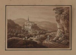Schloss Weesenstein über dem Müglitztal (Müglitztal-Weesenstein) südöstlich von Dresden, Blick vom Abendfrieden nach Süden, sepiagetönte Umrissradierung, um 1821 : Zingg, Adrian : Schloß Weesenstein / [gefertigt von Adrian Zingg?]. - [S.l.] , [ca. 1821]. - 1 Kunstbl. : sepiagetönte Umrißradierung ; 15 x 10 cm. - in SKD gleiches Blatt mit A. Zingg fec. beschriftet.