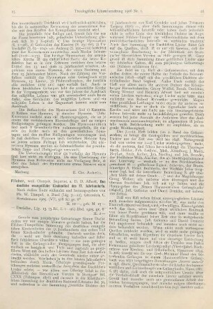 25-27 [Rezension] Fischer, Albert, Das deutsche evangelische Kirchenlied des siebzehnten Jahrhunderts. Nach dessen Tode vollendet u. hrsg. v. W. Tümpel. 2. Band (7. - 12. Lfg.) u. 3. Band (13. Lfg.)