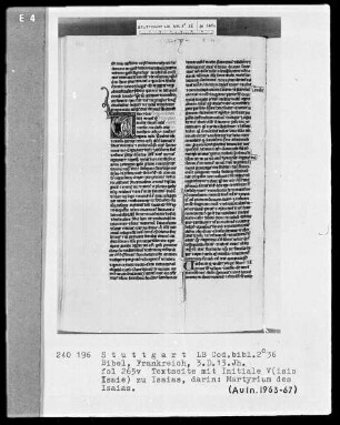 Bibel — Initiale V (isio Isaie), darin Martyrium des Isaias, Folio 265verso