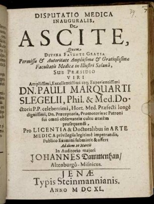 Disputatio Medica Inauguralis De Ascite