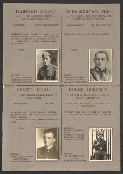 Ehrenbuch für die Gefallenen und Vermissten des Zweiten Weltkriegs; Fotos, Lebensdaten (Blatt 201-250, August bis Oktober)