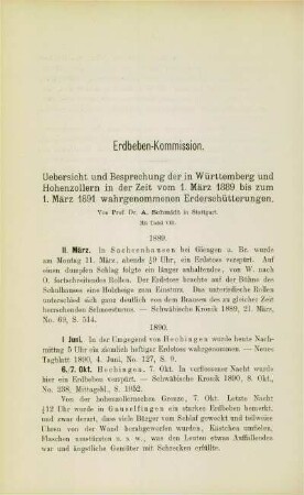 Übersicht und Besprechung der in Württemberg und Hohenzollern in der Zeit vom 1. März 1889 bis zum 1. März 1891 wahrgenommen Erderschütterungen