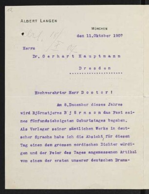 Brief von Albert Langen an Gerhart Hauptmann