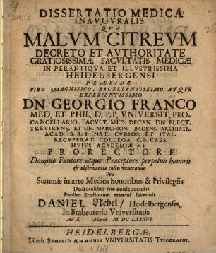 Diss. med. inaug. qua malum citreum