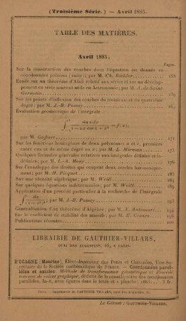 Table des matières. Avril 1885.
