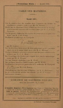 Table des matières. Avril 1885.
