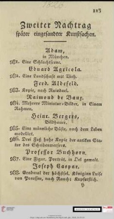 Zweiter Nachtrag später eingesandter Kunstsachen