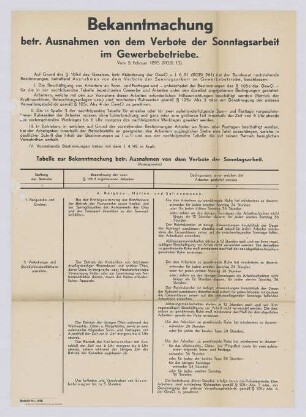 "Bekanntmachung betr. Ausnahme von dem Verbote der Sonntagsarbeit im Gewerbebetriebe"