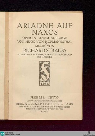 Ariadne auf Naxos : Oper in einem Aufzuge; zu spielen nach dem "Bürger als Edelmann" des Molière