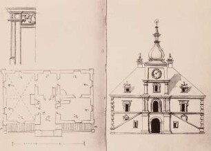 Rathaus mit doppelter Treppe und Uhrturm; dazu Grundriss