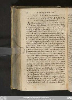 Epist. LXXVII. Mediolanum. Frederico Cardinali Borromaeo, Archiepiscopo Mediolanensi.