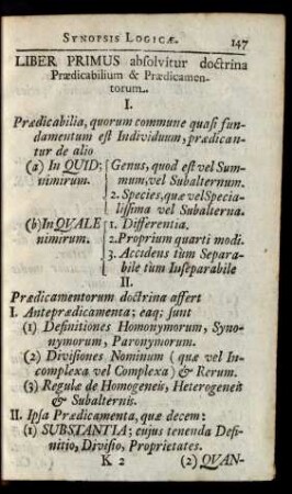 Liber Primus absolvitur doctrina Praedicabilium & Praedicamentorum.