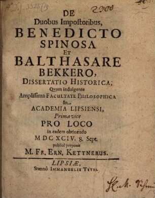 De duobus impostoribus, Benedicto Spinosa et Balthasare Bekkero : diss. hist.